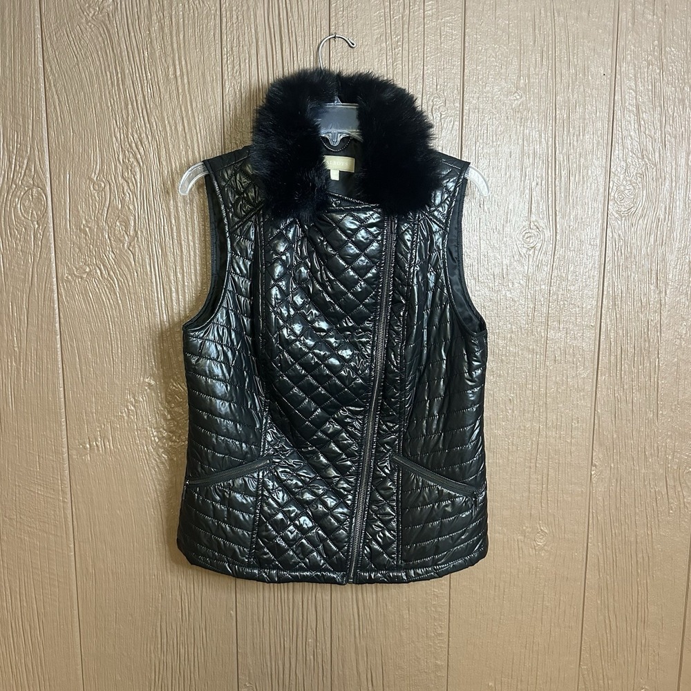 Talbots Quilted Vest Size M Faux Fur Collar Full Zip High Neck Biker Goth Grunge